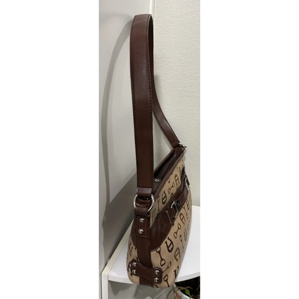 Vintage Etienne Aigner Signature Brown Logo All Over Print Purse Bag